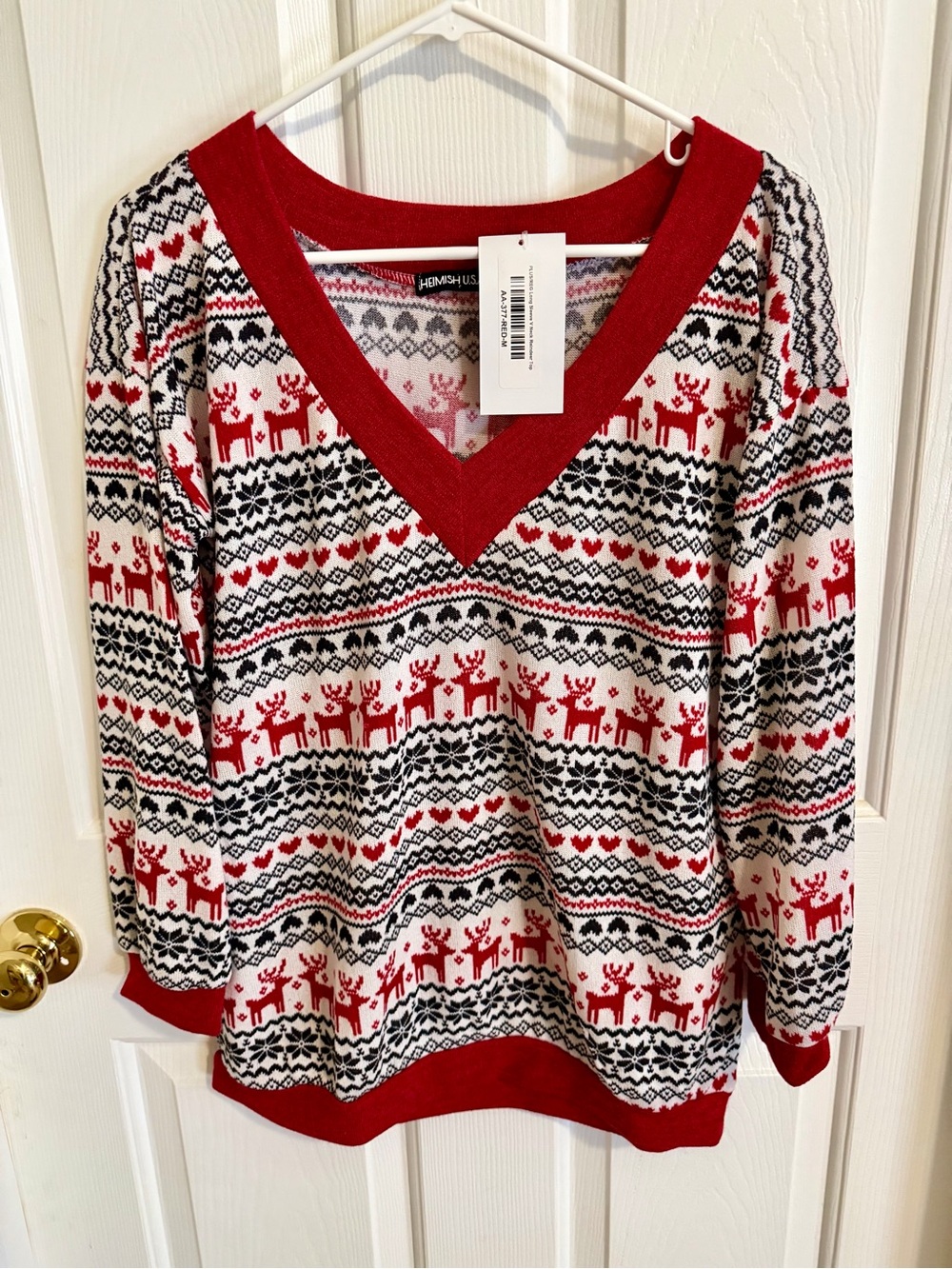 NWT Holiday Reindeer Fair Isle V-Neck Sweater - Red/White/Black